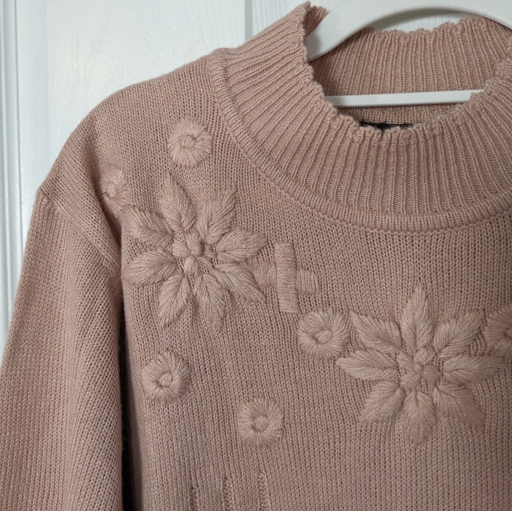 Retro 90s Floral Embroidered Salon‎ Studio Pink Cozy Knit Sweater Size Large - Picture 6 of 7